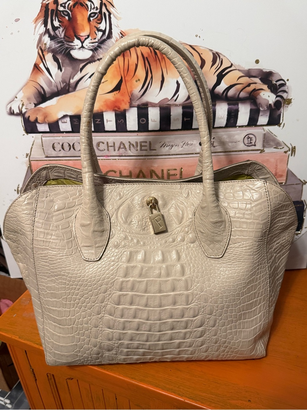Furla Croc-Embossed Tote Bag with Lock VGUC